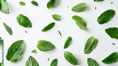 Falling Fresh Mint Leaves, Isolated Aromatic Herb Leaf Backdrop, Organic Peppermint Spearmint Marketing Menu Background, Tasty Herbal Plant Based Ingredient Design  photo