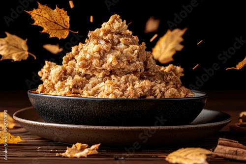 Delicious bowl of granola on a wooden table, surrounded by autumn leaves, perfect for cozy fall breakfasts. photo