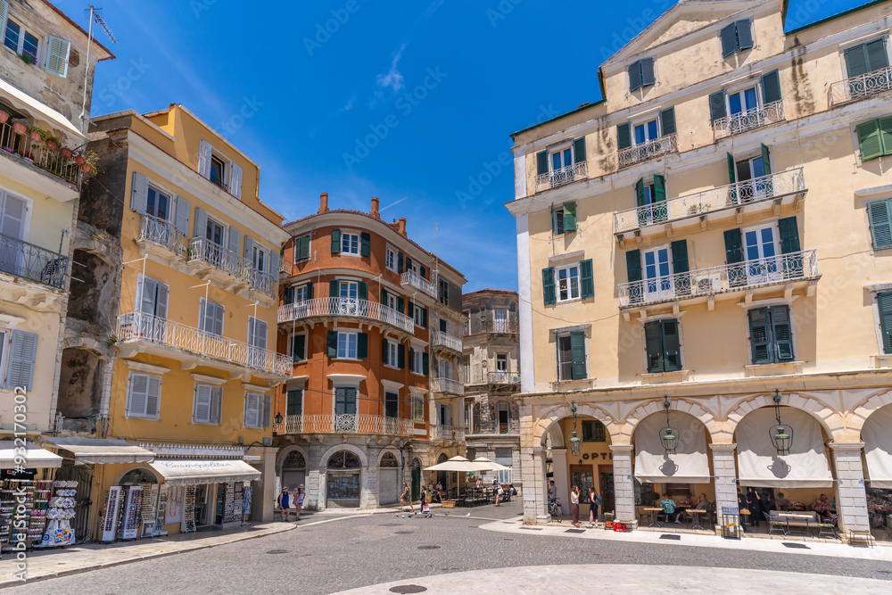 View of Pentophanaro (Five Lamps) in Place Theotoki, Corfu Town, Corfu, Ionian Sea, Greek Islands, Greece