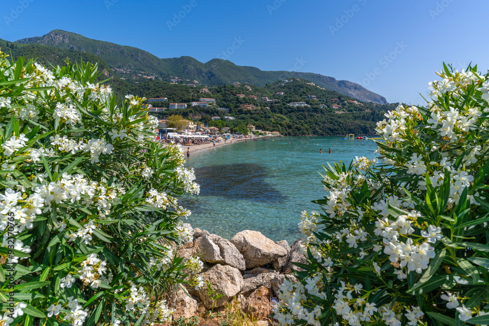 View of Ionian Sea and Ipsos Beach at Ipsos, Ipsos, Corfu, Ionian Sea, Greek Islands, Greece View of Ionian Sea and Ipsos Beach at Ipsos, Ipsos, Corfu, Ionian Sea, Greek Islands, Greece