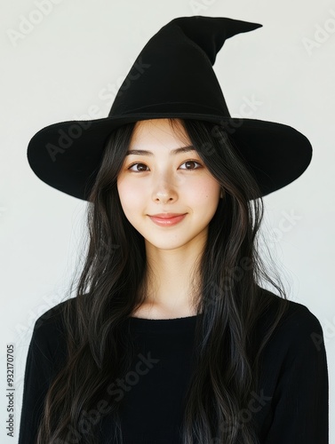Dressed in a witch’s outfit with a pointy hat, a young woman’s confident smile embodies the mysterious and enchanting vibe perfect for Halloween celebrations.