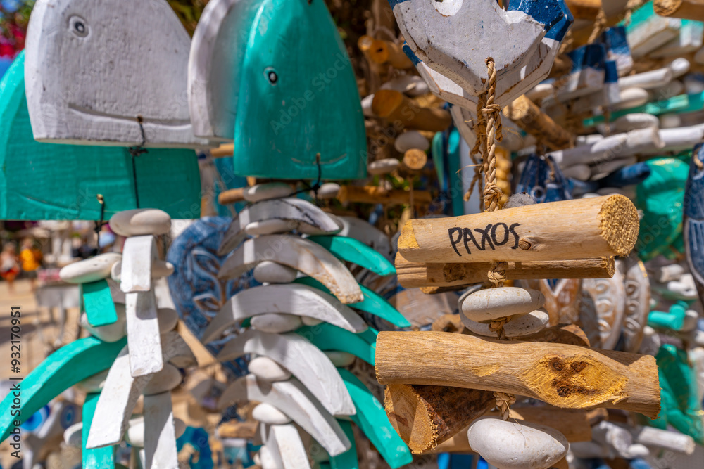 View of souvenirs in Gaios Plaza de l' Ascension in Gaios Town, Paxos, Ionian Sea, Greek Islands, Greece