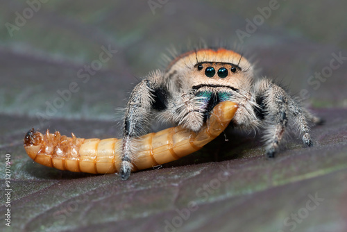 Close-up of a jumping spider sitting on a leaf eating a larva, Indonesia photo