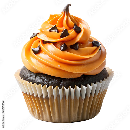 Orange halloween cupcake with black chocolate chips, transparent PNG file photo