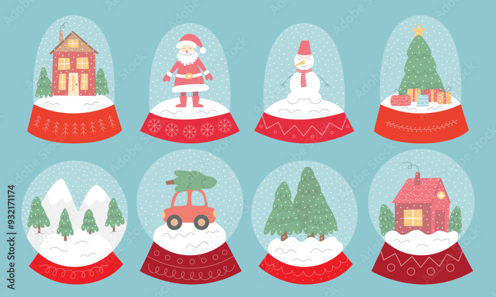 Glass snow globes flat collection. Set of vector Christmas decorative glass balls with winter landscapes and Christmas decor Glass snow globes flat collection. Set of vector Christmas decorative glass balls with winter landscapes and Christmas decor