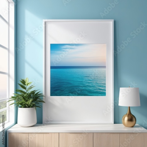 white poster frame close up in modern home interior with light blue colored walls, wall mockup, 3d rendering