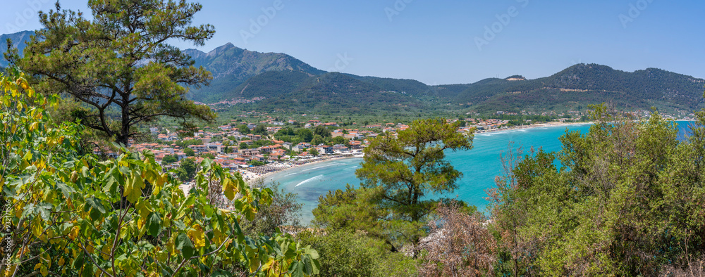 View of trees and Golden Beach at Chrysi Ammoudia, Thassos, Aegean Sea, Greek Islands, Greece View of trees and Golden Beach at Chrysi Ammoudia, Thassos, Aegean Sea, Greek Islands, Greece