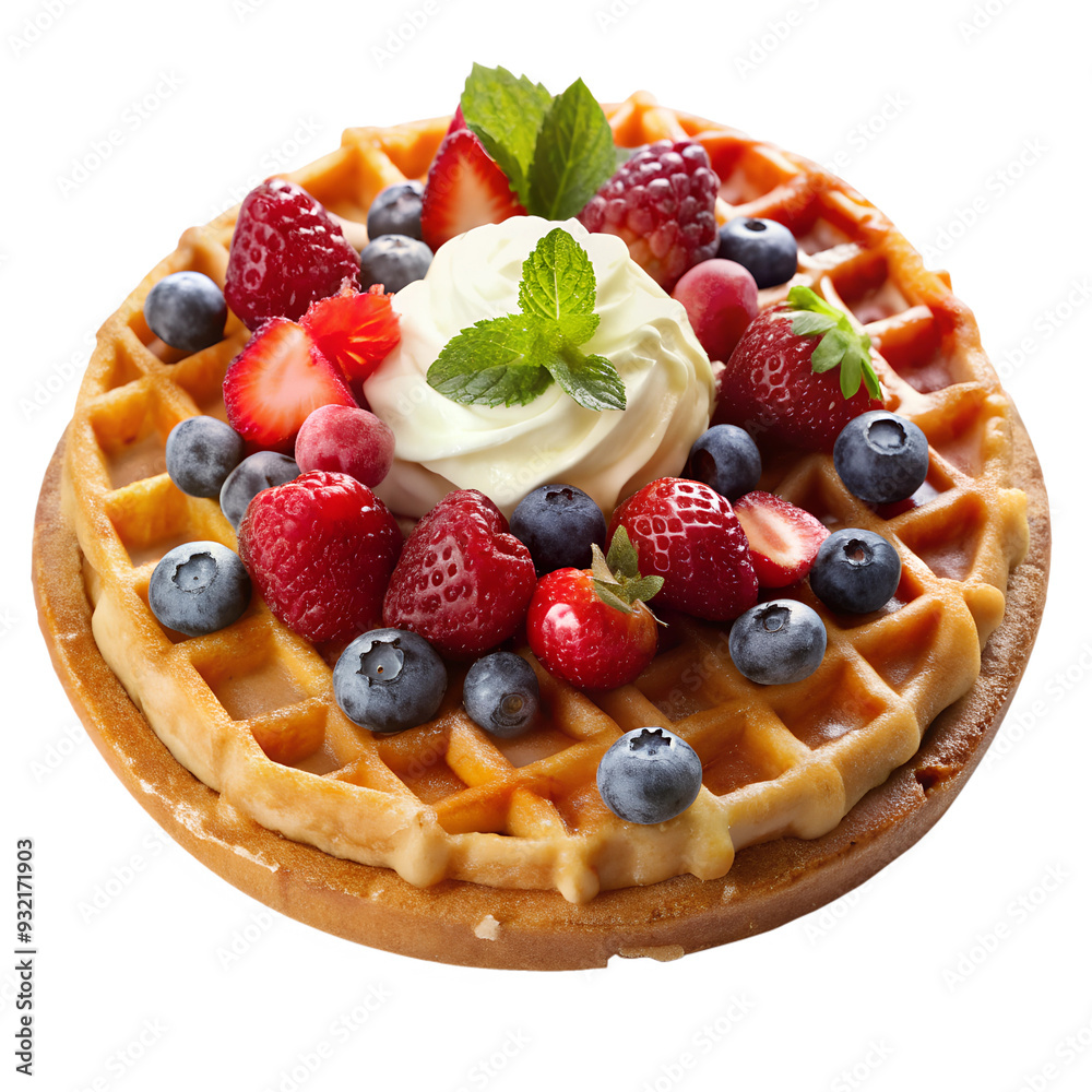 Golden waffle with whipped cream and assorted berries transparent PNG file Golden waffle with whipped cream and assorted berries transparent PNG file
