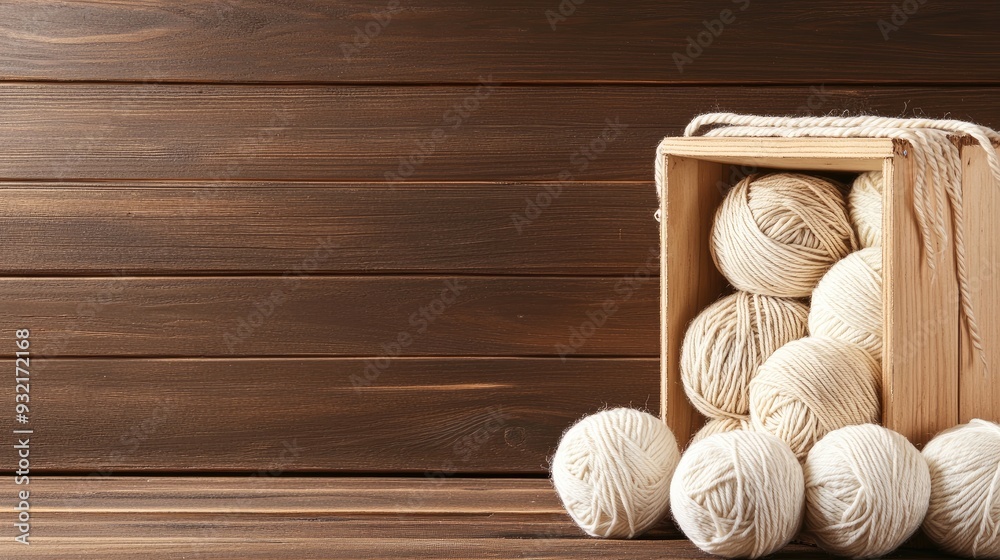 A wooden box contains soft yarn balls in beige, brown, and white, set against crocheted elements for creating pet accessories in a crafting area A wooden box contains soft yarn balls in beige, brown, and white, set against crocheted elements for creating pet accessories in a crafting area