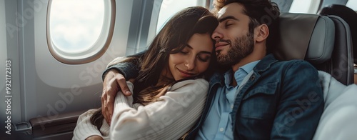 Couple cuddling together on airplane, relaxed and romantic, enjoying their flight