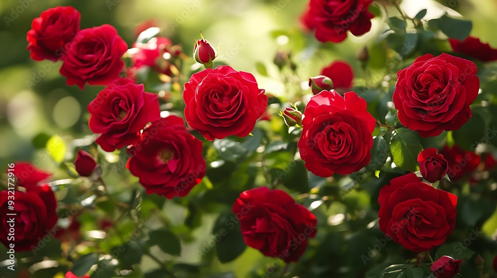 A cluster of vibrant red roses in full bloom, with green leaves and a soft, blurred background.