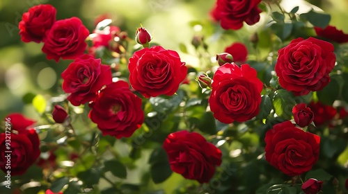 A cluster of vibrant red roses in full bloom, with green leaves and a soft, blurred background.