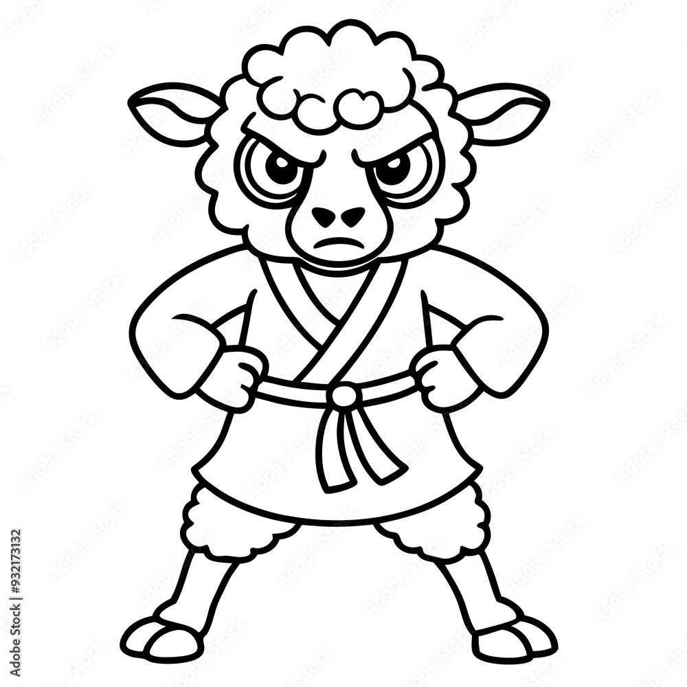 Fototapeta premium Angry Karate sheep White Background line art vector illustration