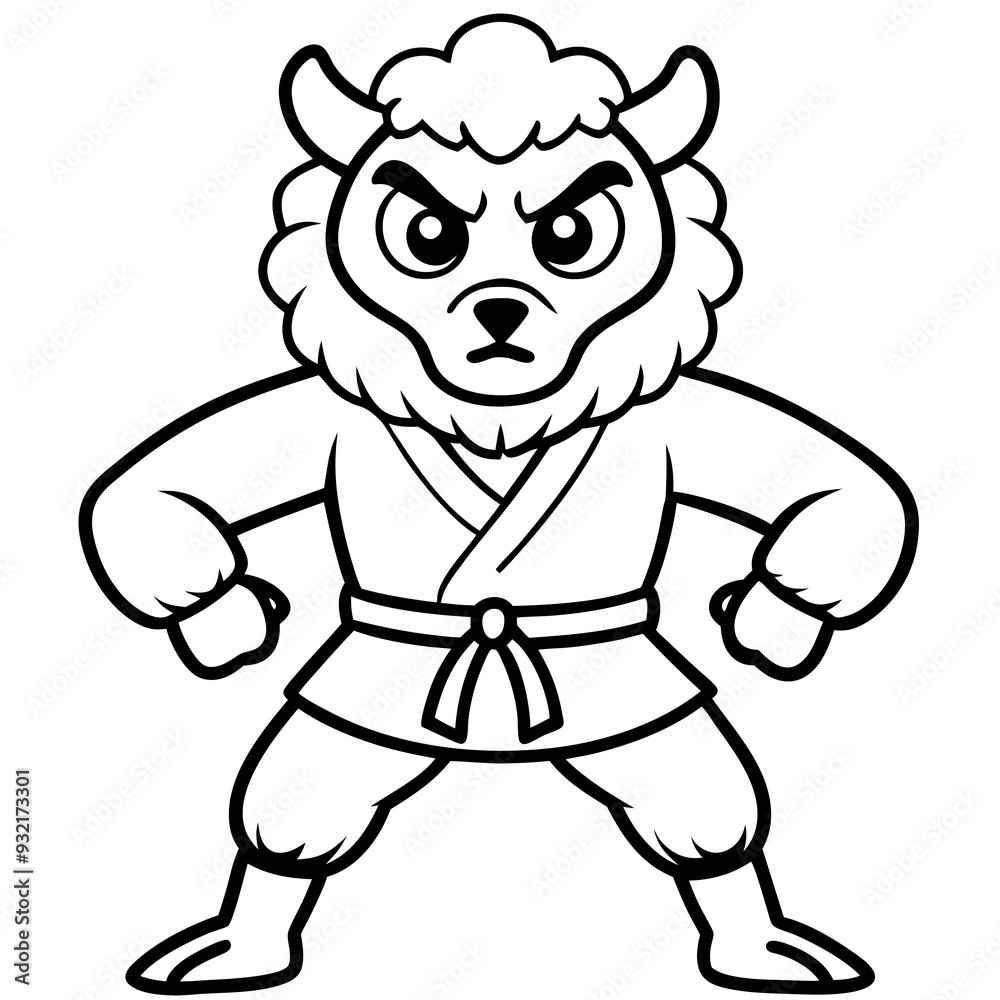 Fototapeta premium Angry Karate sheep White Background line art vector illustration