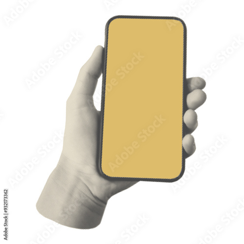 Halftone hand holding phone. Cutout collage element with retro dotted photocopy effect in a pop art style for scrapbook.	