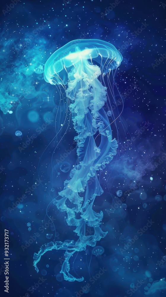 A stunning deep water jellyfish floats smoothly in the serene blue ocean waters A stunning deep water jellyfish floats smoothly in the serene blue ocean waters