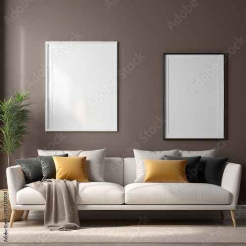 white color poster frame close up view in modern house interior with dark colored walls, wall mockup, 3d rendering