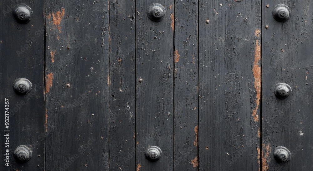 Fototapeta premium Weathered black wooden door with decorative metal studs in an aged texture