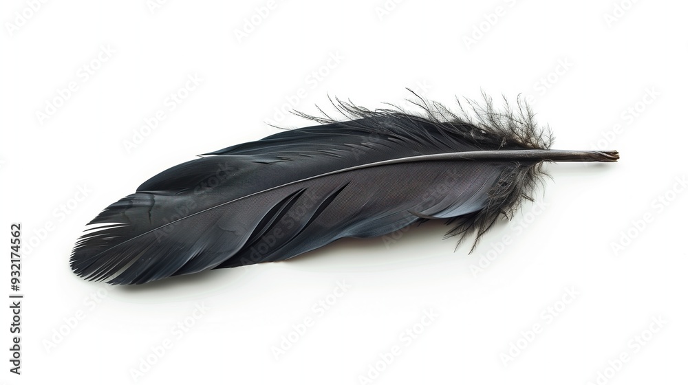Black feather of a raven on a white background, isola Black feather of a raven on a white background, isola