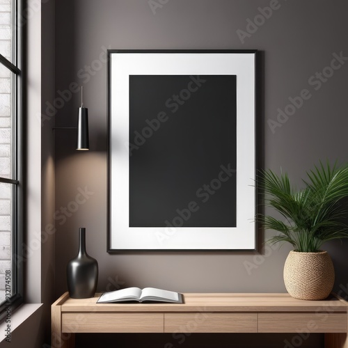 white color poster frame close up view in modern house interior with dark colored walls, wall mockup, 3d rendering