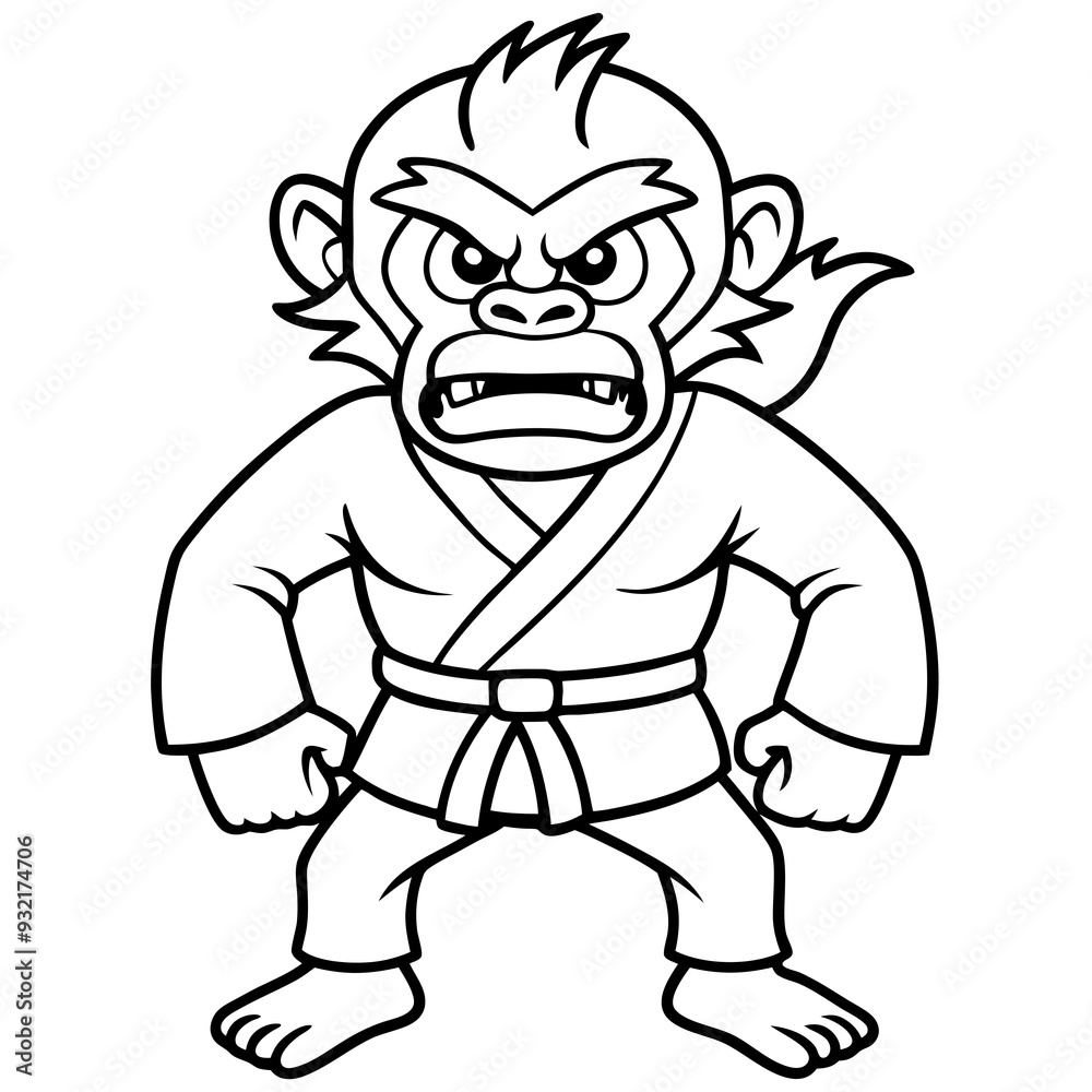 Naklejka premium Angry Karate monkey White Background line art vector illustration