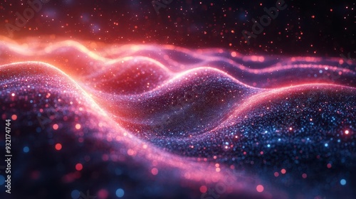 futuristic abstract background with neon pink and blue light trails forming highspeed waveforms floating data particles creating sense of digital transformation