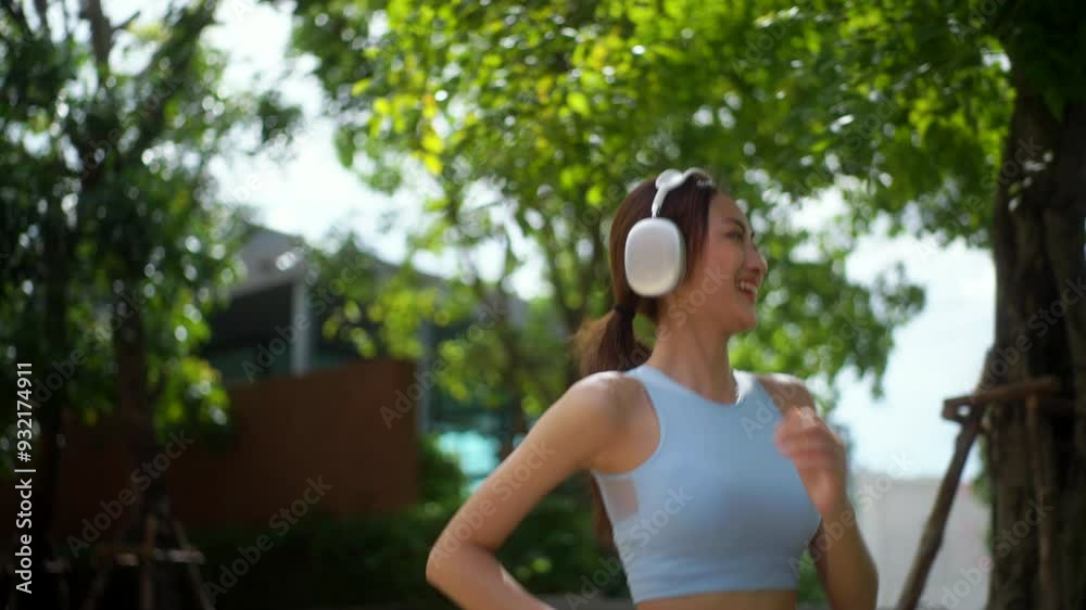 Young healthy beautiful asian woman jogging outdoor to exercise at village park, sporty female running in the garden, happy girl enjoy morning fitness while listening music via headphone.
