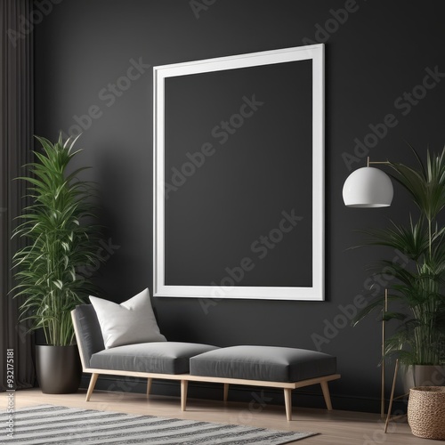 white color poster frame close up view in modern house interior with dark colored walls, wall mockup, 3d rendering
