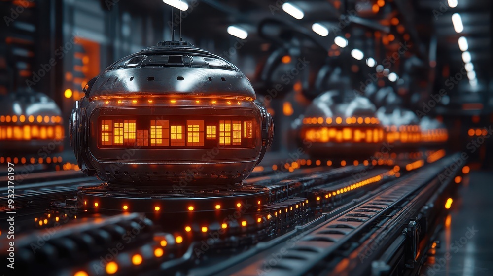 Naklejka premium futuristic automated warehouse with hovering delivery drones holographic inventory displays float above smart conveyor belts while robotic arms sort packages with precision