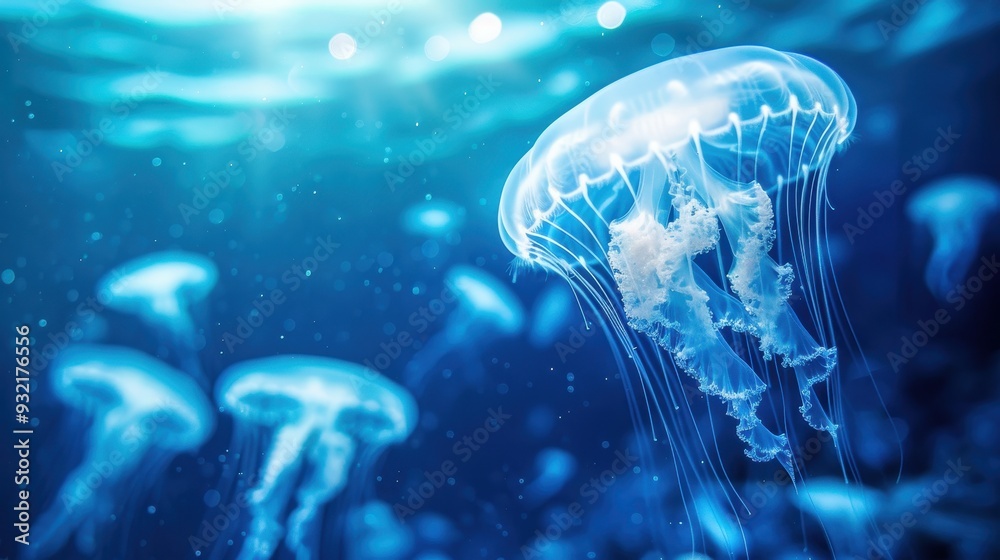 Deep water jellyfish drift effortlessly through the serene blue waters of the ocean Deep water jellyfish drift effortlessly through the serene blue waters of the ocean