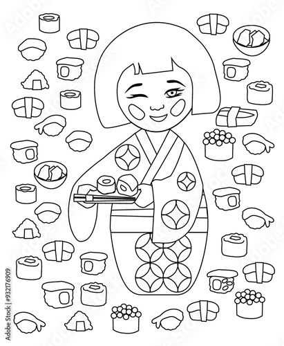 Illustration of kokeshi sushi girl coloring page.