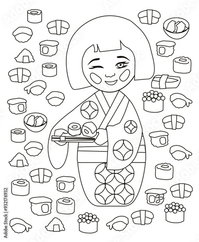 Vector Illustration of kokeshi sushi girl coloring page.