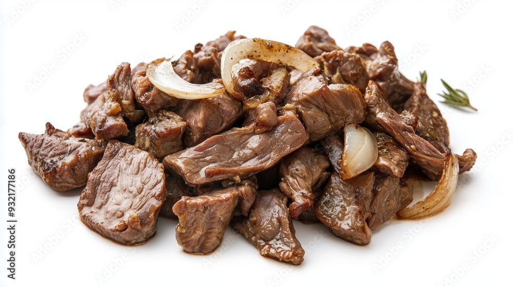 Appetizing pieces of fried meat with onions on a white background, isolated Appetizing pieces of fried meat with onions on a white background, isolated