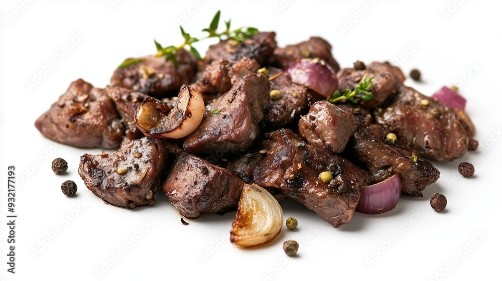 Appetizing pieces of fried meat with onions on a white background, isolated Appetizing pieces of fried meat with onions on a white background, isolated