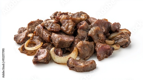 Appetizing pieces of fried meat with onions on a white background, isolated