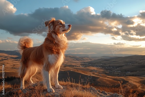 Proud dog stands on hill during sunset, majestic landscape aroun photo