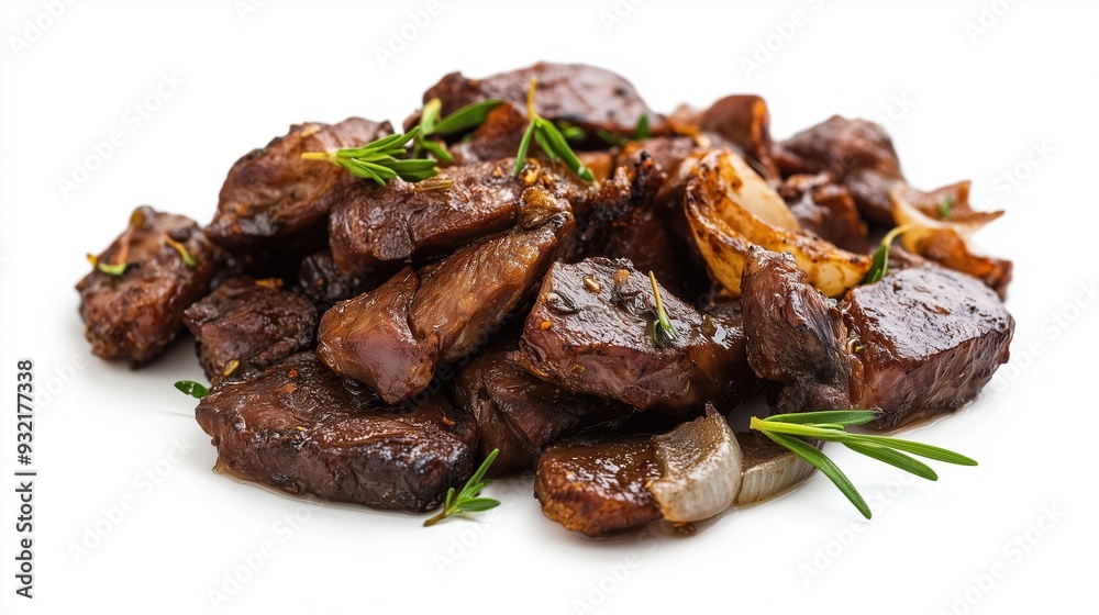 Appetizing pieces of fried meat with onions on a white background, isolated Appetizing pieces of fried meat with onions on a white background, isolated