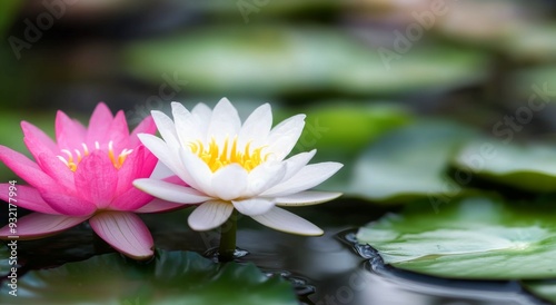 Pink and white water lilies blooming in a serene pond on a sunny day