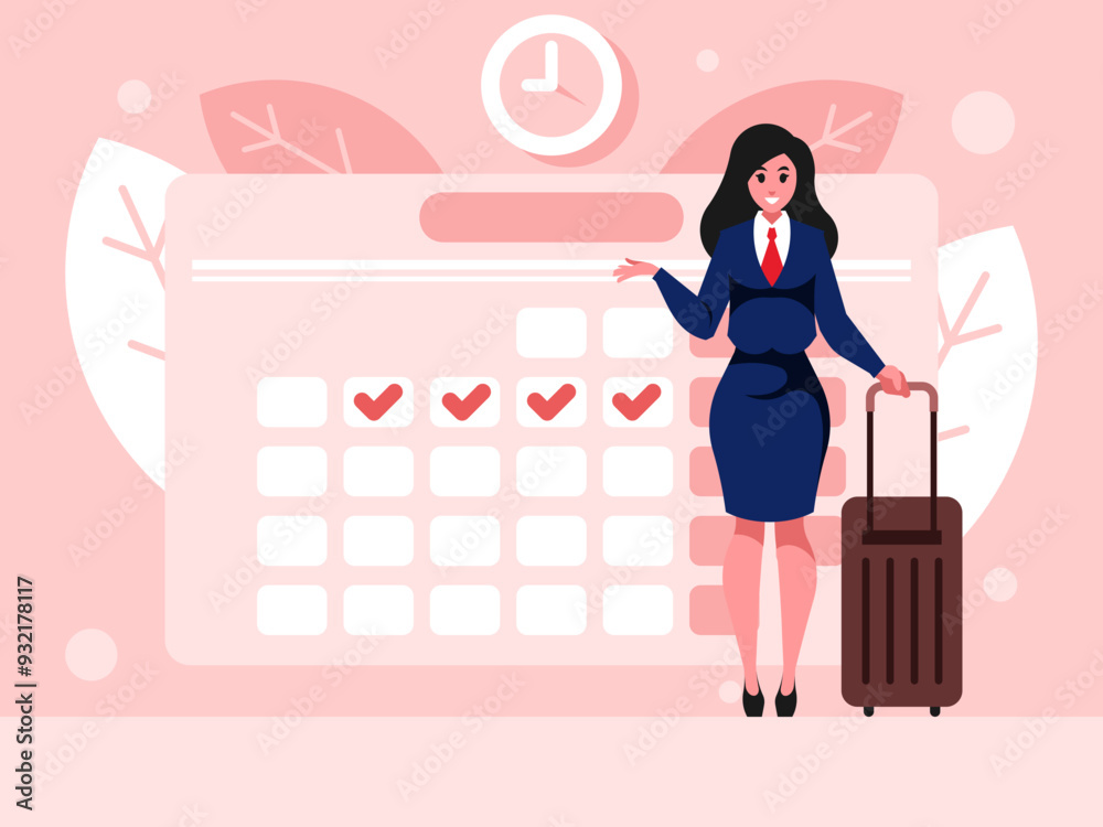 Businesswoman with suitcase. Business trip concept. Planning schedule, business event and calendar concept. Planning strategy and time management. Deadline concept. Vector graphics Businesswoman with suitcase. Business trip concept. Planning schedule, business event and calendar concept. Planning strategy and time management. Deadline concept. Vector graphics
