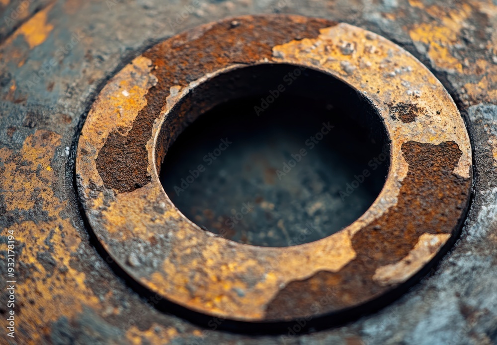 rusted metal surface with circles and small white spots on it. The background is brown rusted metal surface with circles and small white spots on it. The background is brown