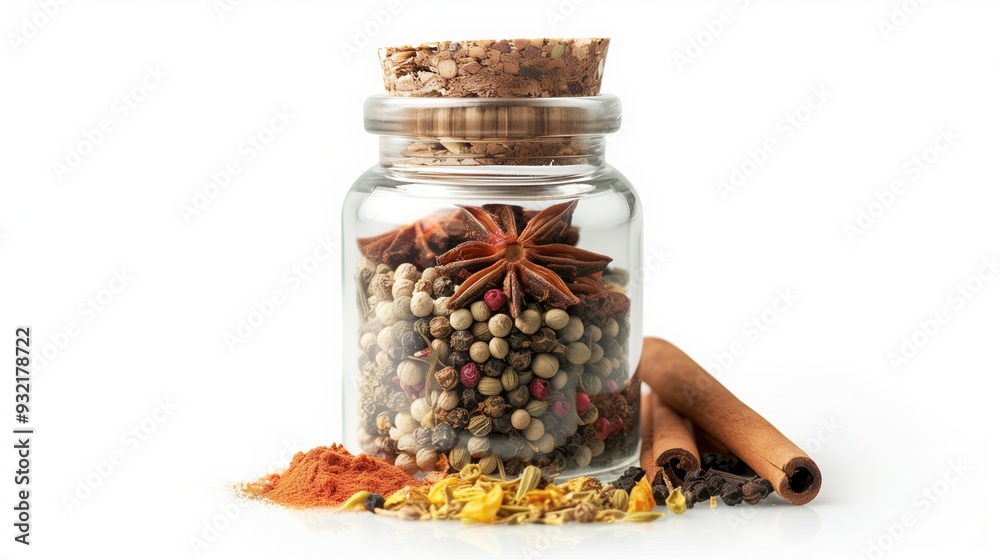 A mixture of spicy spices in a glass jar on a white background, isolated A mixture of spicy spices in a glass jar on a white background, isolated