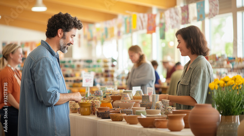 A craft fair held in a community center on Labor Day, where local artisans display and sell their handmade goods. The fair features booths with a variety of crafts, from pottery to