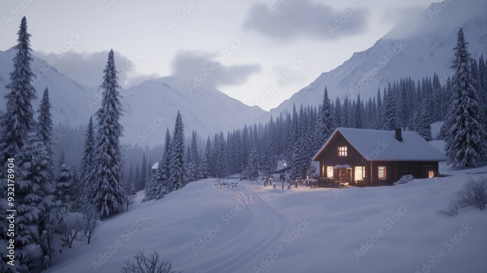 The cabin glows warmly in a snowy mountain setting, surrounded by tall trees, creating a tranquil winter atmosphere as evening falls The cabin glows warmly in a snowy mountain setting, surrounded by tall trees, creating a tranquil winter atmosphere as evening falls