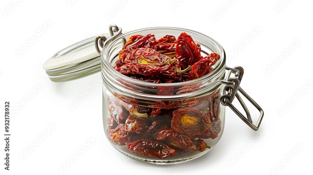Sun-dried tomatoes in a glass jar on a white background, isolated Sun-dried tomatoes in a glass jar on a white background, isolated
