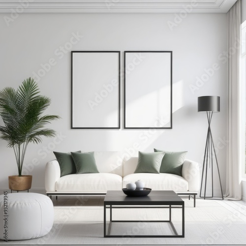 close up of mockup poster frame with modern minimalist interior background in bright white color, 3d rendering