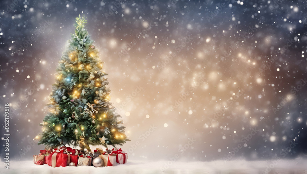 Christmas tree with Christmas decoration on background with golden glittering ornaments, Generative AI	
