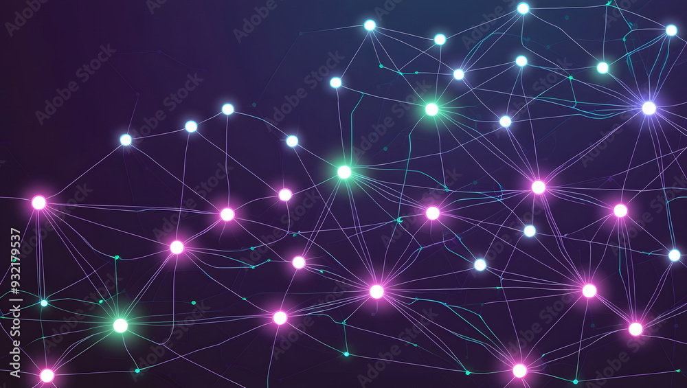 A digital neural network with interconnected, glowing nodes floating against a dark, starry background A digital neural network with interconnected, glowing nodes floating against a dark, starry background