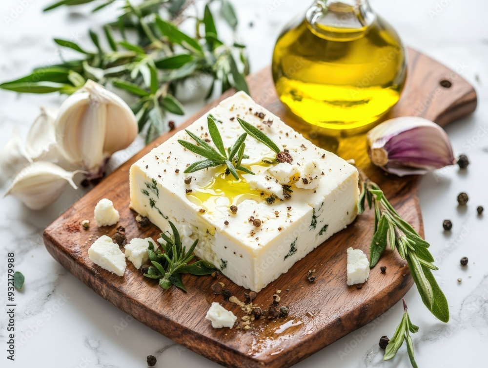 Olive oil drizzled feta cheese with herbs and garlic on a wooden board Olive oil drizzled feta cheese with herbs and garlic on a wooden board