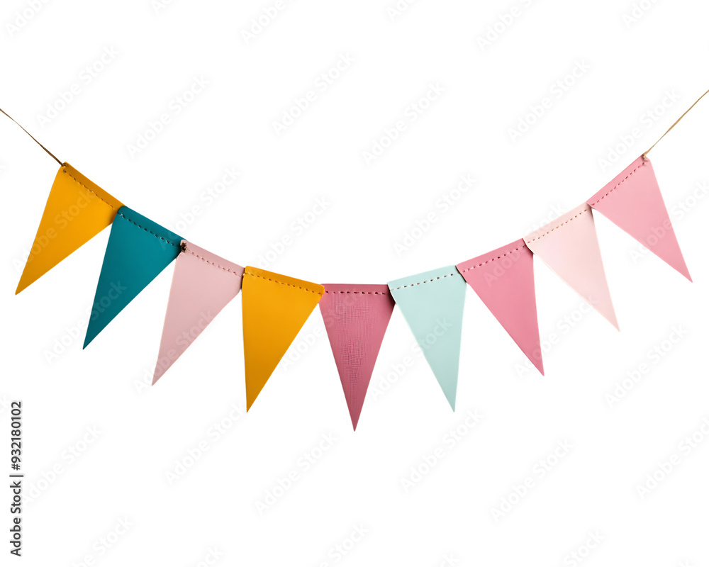 Colorful bunting flags strung on a white rope