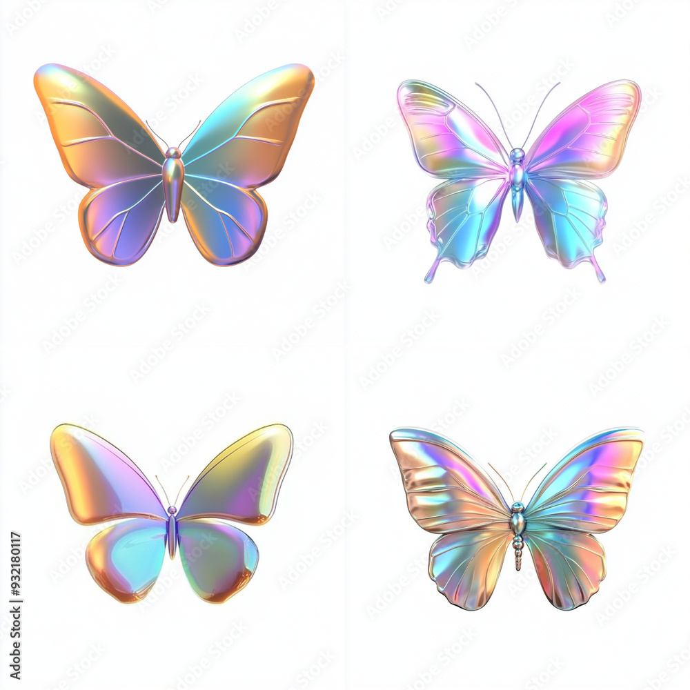 metallic chrome Y2K butterflies set on white background metallic chrome Y2K butterflies set on white background